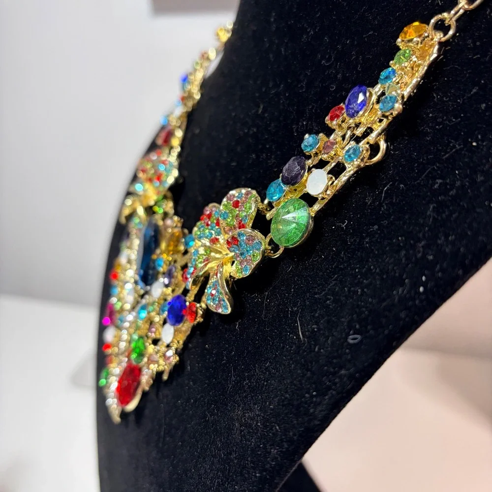 Multicolor Rhinestone Floral Statement Necklace and Earrings Jewelry Set Gold